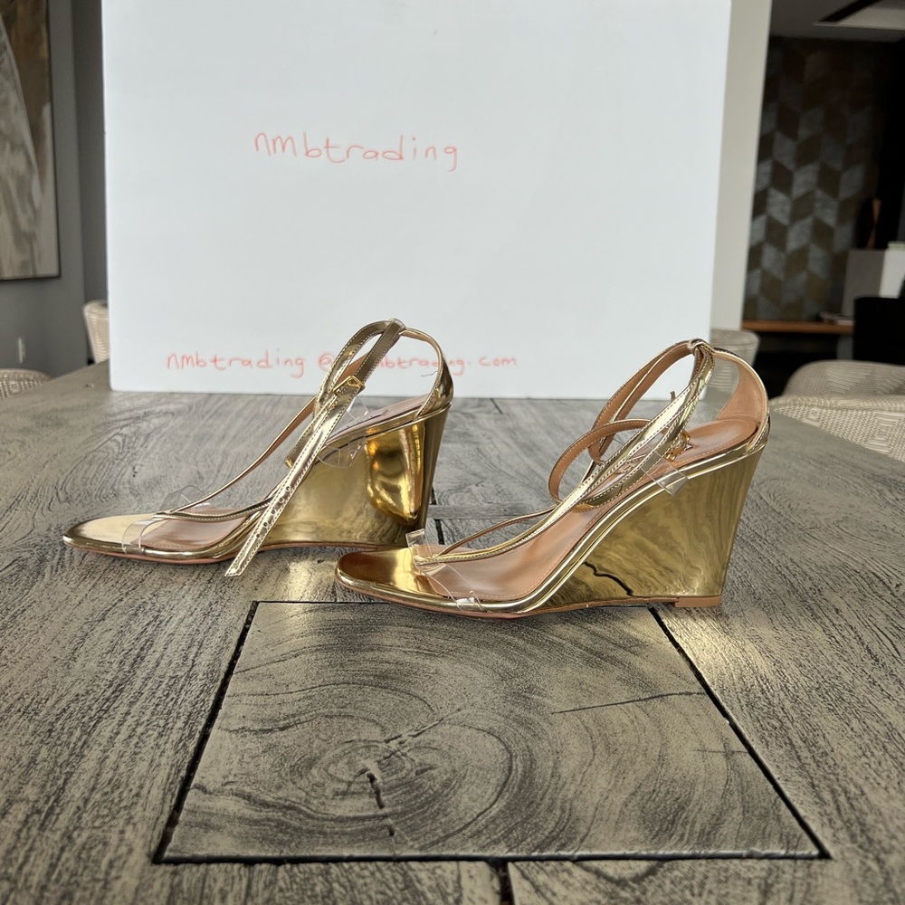 Aquazzura glossy gold metallic leather size 8M(38) strappy wedge heel sandals - Picture 12 of 16
